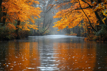 Obraz premium Autumnal River Scene Golden Leaves Reflecting Water