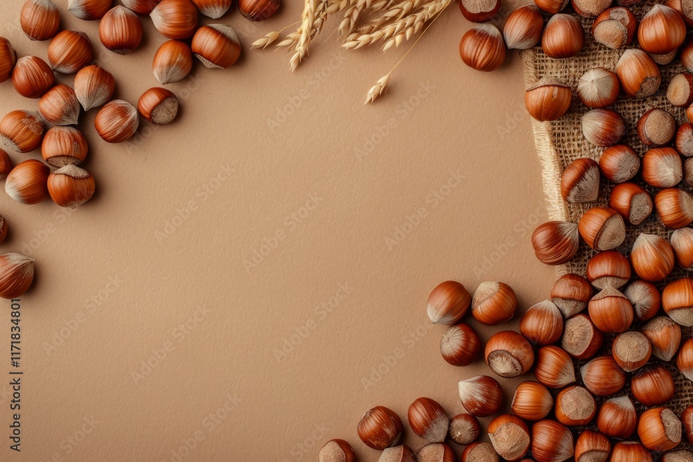 Poster hazelnuts and wheat stalks are creating a frame on a brown background with copy space