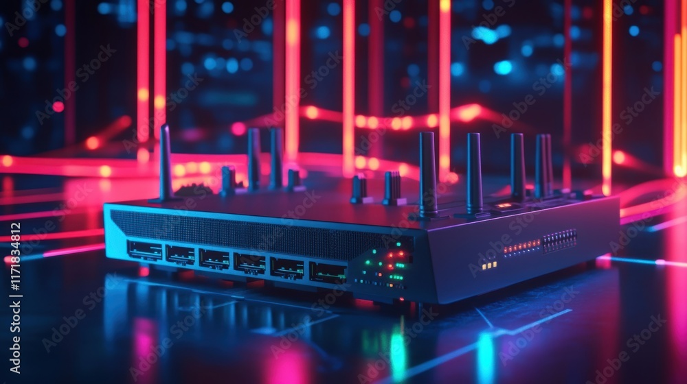 Poster futuristic router with multiple antennas managing data flow and network traffic in a vibrant cybersp