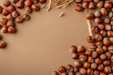 Hazelnuts and wheat stalks are creating a frame on a brown background with copy space