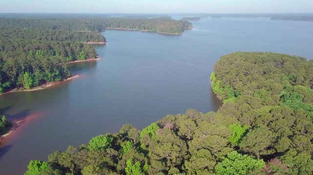 Overhead footage of Clarks Hill Lake and Mistletoe State Park in Georgia, USA.