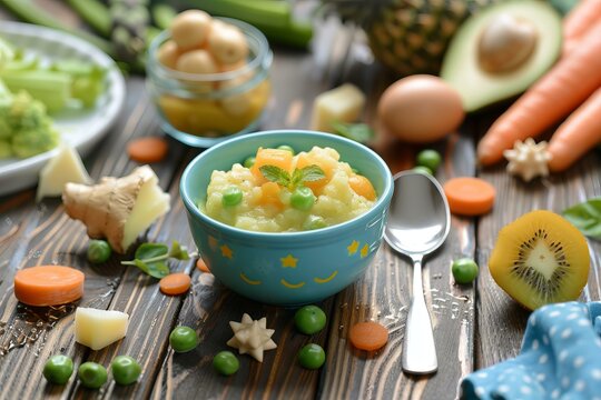 Natural baby food with peas, carrots, potatoes, and mint in a bowl surrounded by fresh ingredients