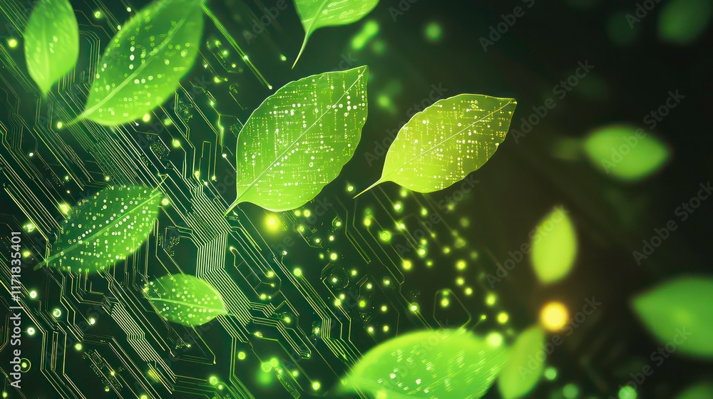 Poster green leaves floating over a glowing circuit board, symbolizing eco-friendly technology.