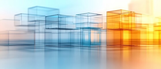 A digital illustration featuring translucent geometric cubes in varying shades of blue and orange, creating a modern, abstract aesthetic.