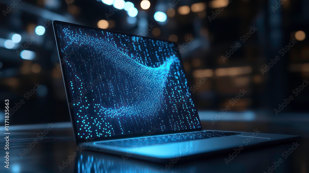 Poster Laptop displaying abstract blue digital data stream on screen at night.