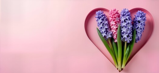 Fototapeta premium Pink pastel background with heart shaped cutout. Spring flowers hyacinths in various shades of pink, violet. Flat lay. Romantic design. Suitable for Woman Day anniversary gift. Creative layout of
