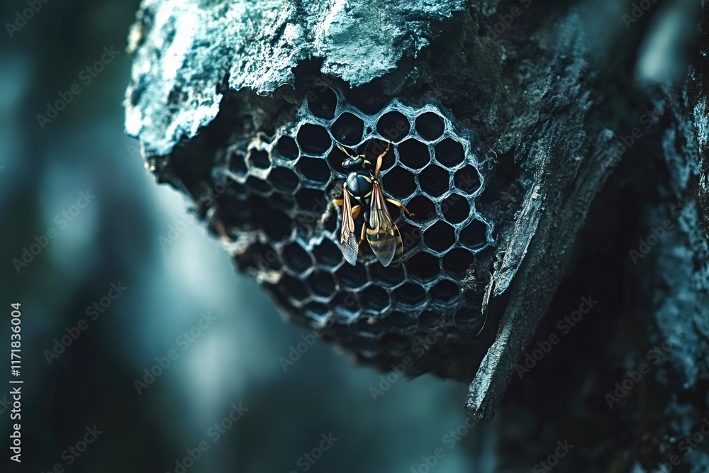 Aufkleber close-up of a paper wasp resting on its partially destroyed honeycomb, showcasing the intricate hexa