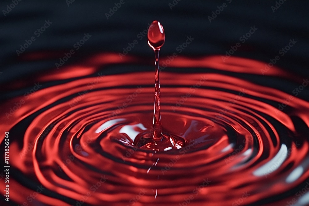 Poster red water droplet splashing into a tranquil pool, generating concentric ripples that expand outward,