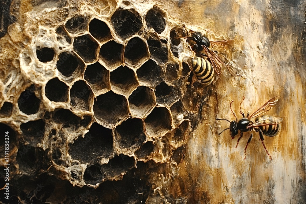 Aufkleber two paper wasps interacting with a partially destroyed honeycomb on a wooden surface, revealing the 