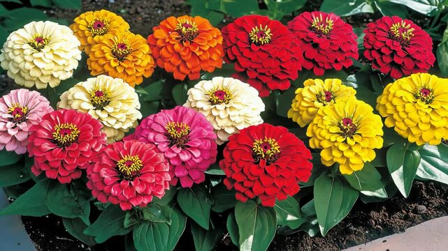 Colorful zinnia flowers bloom vibrantly in a well-tended garden during the sunny summer season