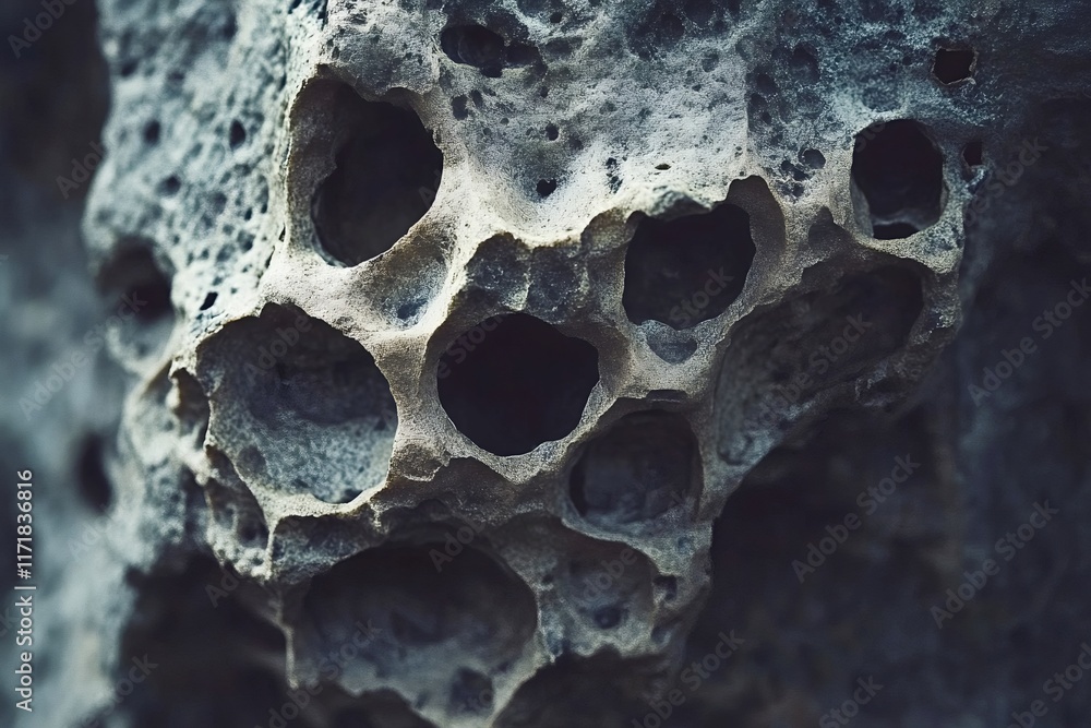 Poster Close-up view capturing the porous surface of a rock, showcasing intricate patterns and textures formed by natural erosion and weathering over time