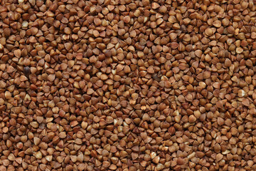 Buckwheat groats, top view. Raw large buckwheat grains, uncooked porridge. Buckwheat background. Raw buckwheat texture background, brown grains pattern