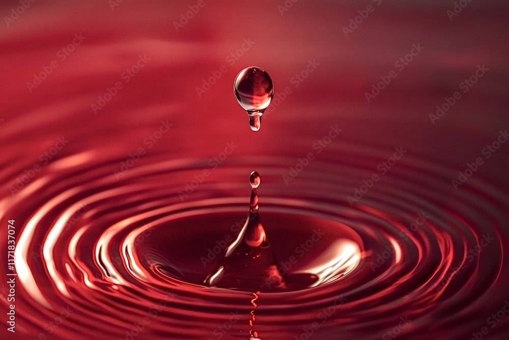 Poster water drops splashing into vibrant red liquid, creating mesmerizing ripples and a small column of wa