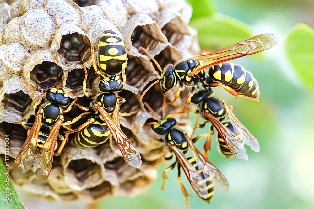Aufkleber european wasps are working together to build their nest on a tree branch, showcasing their intricate