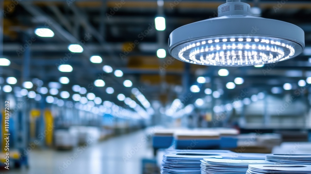 Poster bright led lamp illuminating stacks of cardboard sheets and a blurred industrial factory or warehous