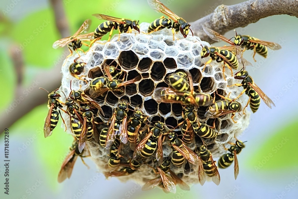 Aufkleber european wasps are working together to build their nest on a tree branch, showcasing their intricate