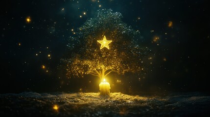 Enchanted Glowing Tree with Star and Candlelight Mystical Night Scene Fantasy Art. generative ai