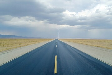 Naklejka premium Dramatic lightning bolt striking an empty asphalt road stretching through a vast desert landscape, surrounded by dark, stormy clouds, creates an intense atmosphere of nature's power