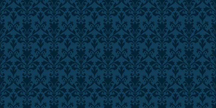 Fototapeta Elegant baroque seamless pattern. Abstract floral geometric ornament with curly elements, foliage, leaves. Vector background in rococo, revival, renaissance, damask style. Repeated dark blue design
