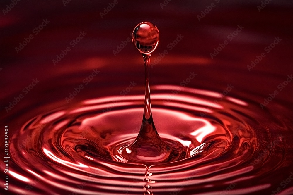 Poster single red water droplet splashing into a tranquil pool, creating mesmerizing concentric circular ri