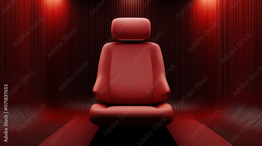 Poster a modern red chair sits in a minimalist space illuminated by soft, warm lighting, creating an inviti