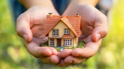 Two hands gently holding a miniature house model outdoors.