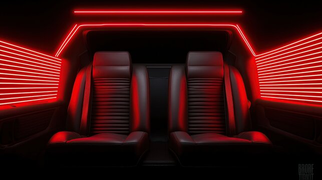 A modern car interior featuring sleek black seats illuminated by striking red neon lights in a dark environment.