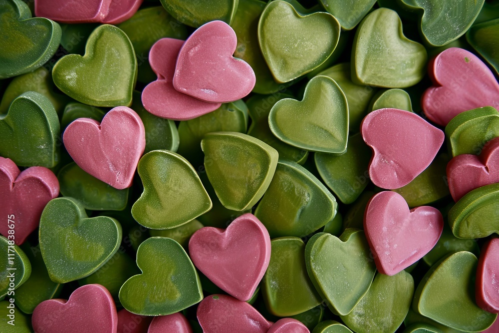 Poster many pink and green heart shaped objects creating a vibrant and textured background