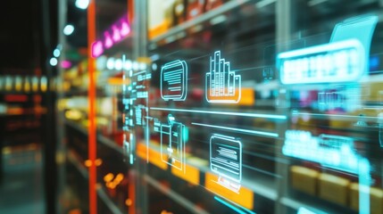 Glowing holographic interface displaying inventory data and sales analytics, integrating cutting edge technology in modern retail to optimize operations and enhance customer experience