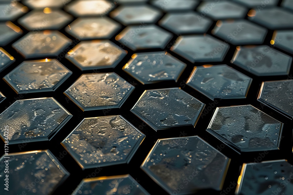 Aufkleber wet hexagonal tiles creating a textured surface and reflecting golden light, ideal for backgrounds a