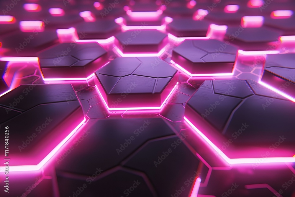 Poster glowing pink neon lights outlining hexagonal shapes create a futuristic and modern background, ideal