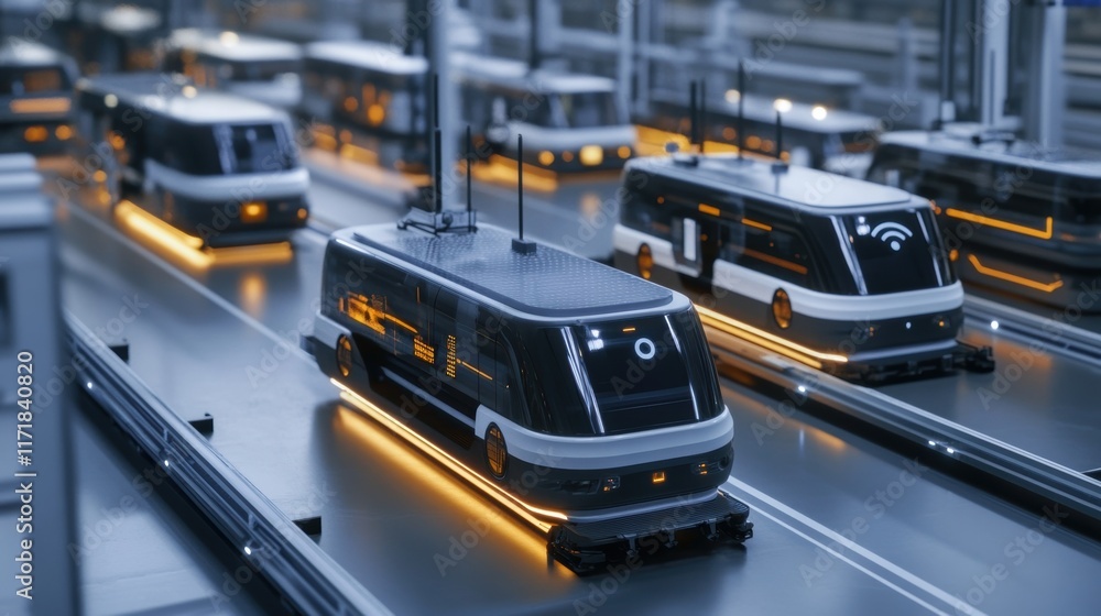 Poster futuristic driverless buses are moving on an assembly line inside a factory, equipped with advanced 