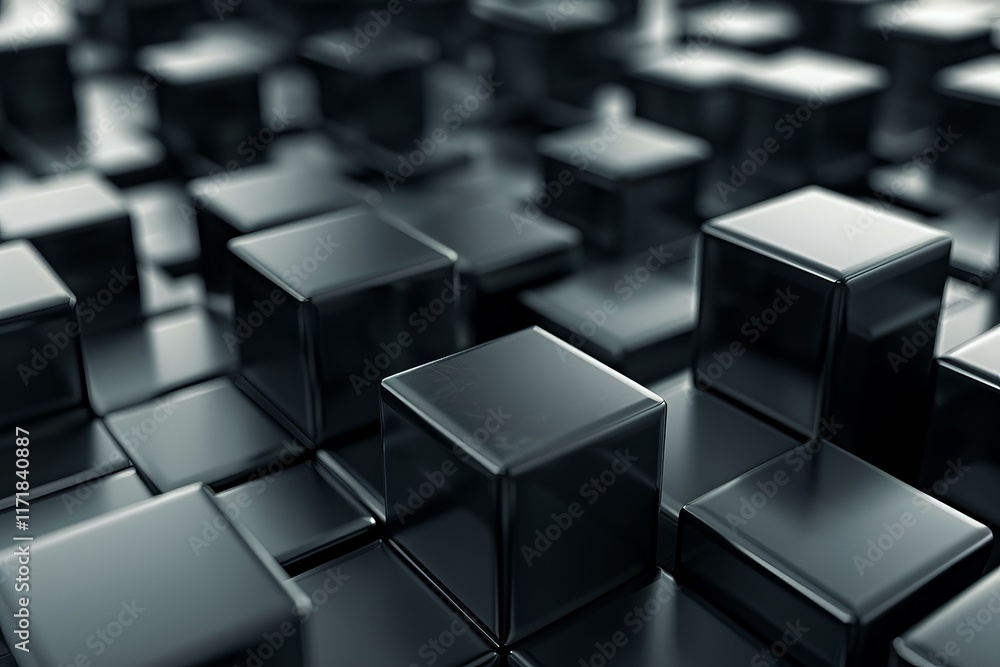 Poster abstract black cubes forming a complex structure, representing modern technology and design