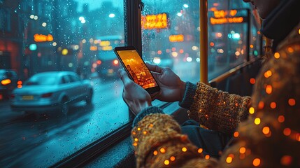 A person sits on a bus looking at their phone while the city lights blur in the rain outside the window.