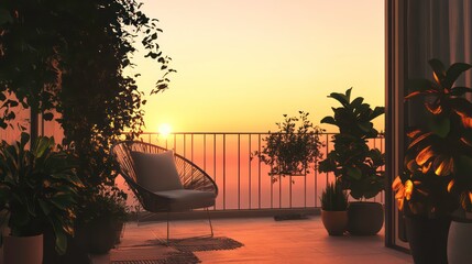 Serene sunset view from a balcony with comfortable chair and potted plants.