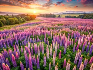Obraz premium Aerial minimalist photograph: a soft purple lupine field, watercolor style.