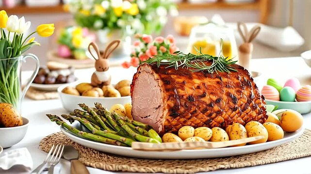 Easter Dinner Table Arrangement with Honey Baked Ham and Flowers
