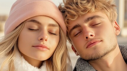 Obraz premium Young couple bidding farewell, capturing a moment of sadness in soft lighting and muted colors
