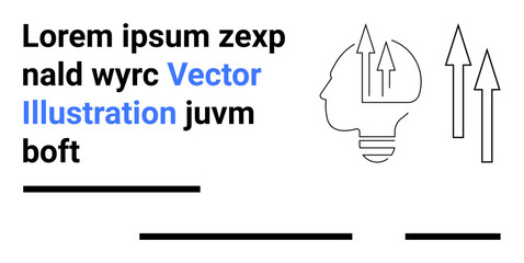 Human head silhouette with arrows pointing upwards, black text with vector illustration highlighted in blue. Ideal for business growth, innovation, marketing, education, presentations, technology