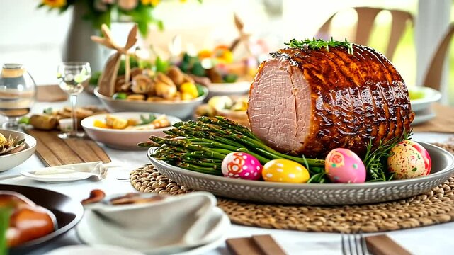 Easter Dinner Table with Ham and Spring Decor
