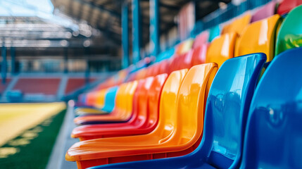 Rows of single-colored plastic seats in a grandstand stadium arranged symmetrically captured in a hyperrealistic blurred style under bright daylight symbolizing order simplicity and collective experie