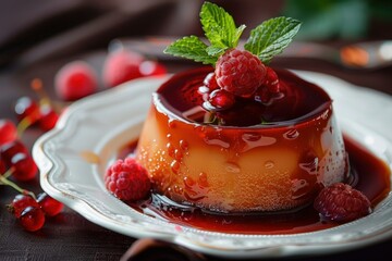 Sweet creme caramel pudding is garnished with fresh raspberries, redcurrants, and mint