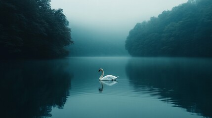 Solitary swan on a misty lake, serene nature scene.