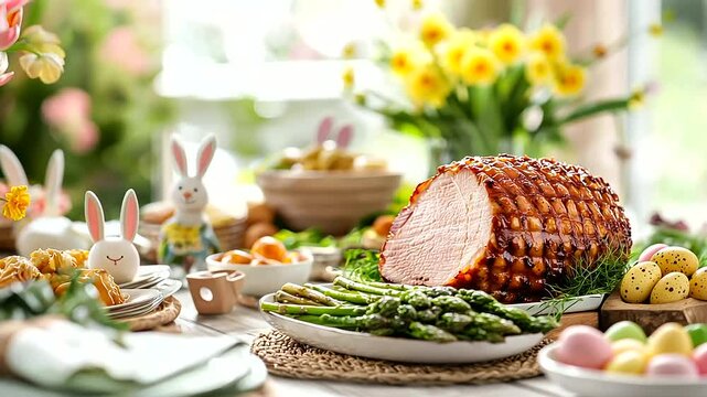 Easter Dinner Table with Honey Baked Ham and Spring Flowers