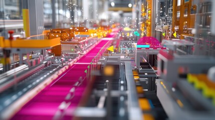 Smart factory conveyor belt moving through automated production line, showcasing advanced manufacturing processes with augmented reality interfaces and data visualization
