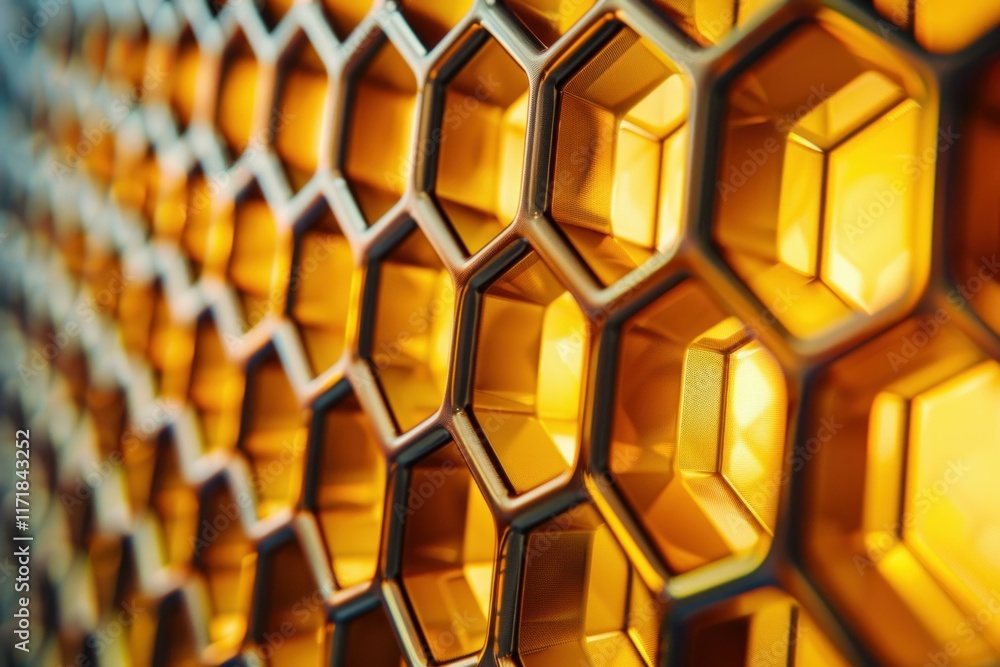 Poster close up of golden honeycomb structure, creating a repeating hexagonal pattern, ideal for background