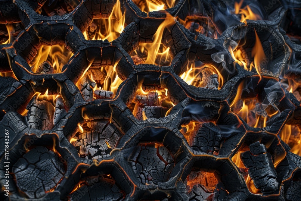 Poster close up of burning charcoal briquettes arranged in a hexagonal pattern, emitting a warm glow and pr