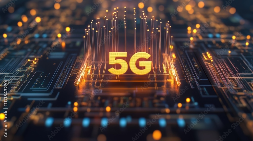 Poster glowing 5g logo illuminating a circuit board, representing high speed internet connectivity and a dy