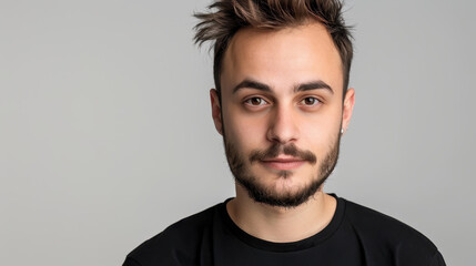 Fototapeta premium A striking profile portrait of a handsome man, showcasing his strong features against a subtle grey backdrop.