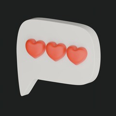 3D rendering of icons for social networks. Three small red hearts on the dialog box icons, a talk bubble